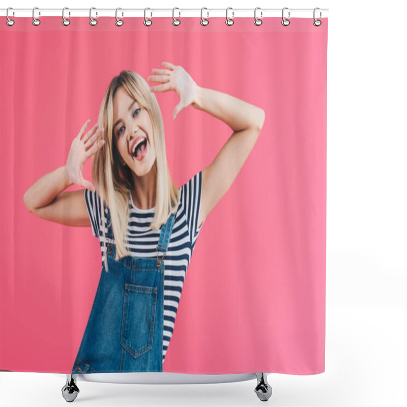 Personality  Smiling Beautiful Girl In Denim Overall Sticking Tongue Out, Gesturing And Looking At Camera Isolated On Pink Shower Curtains