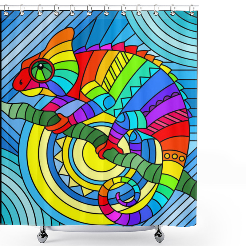 Personality  Illustration In Stained Glass Style With Abstract Geometric Rainbow Chameleon Shower Curtains