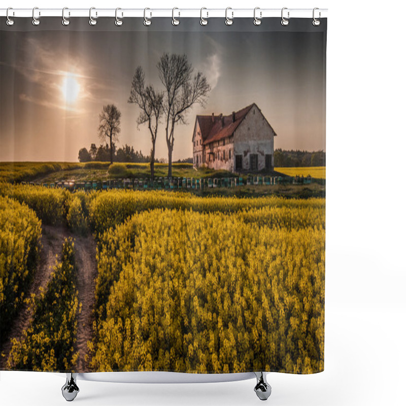 Personality  Devastated Farm With Hives On Canola Field Shower Curtains