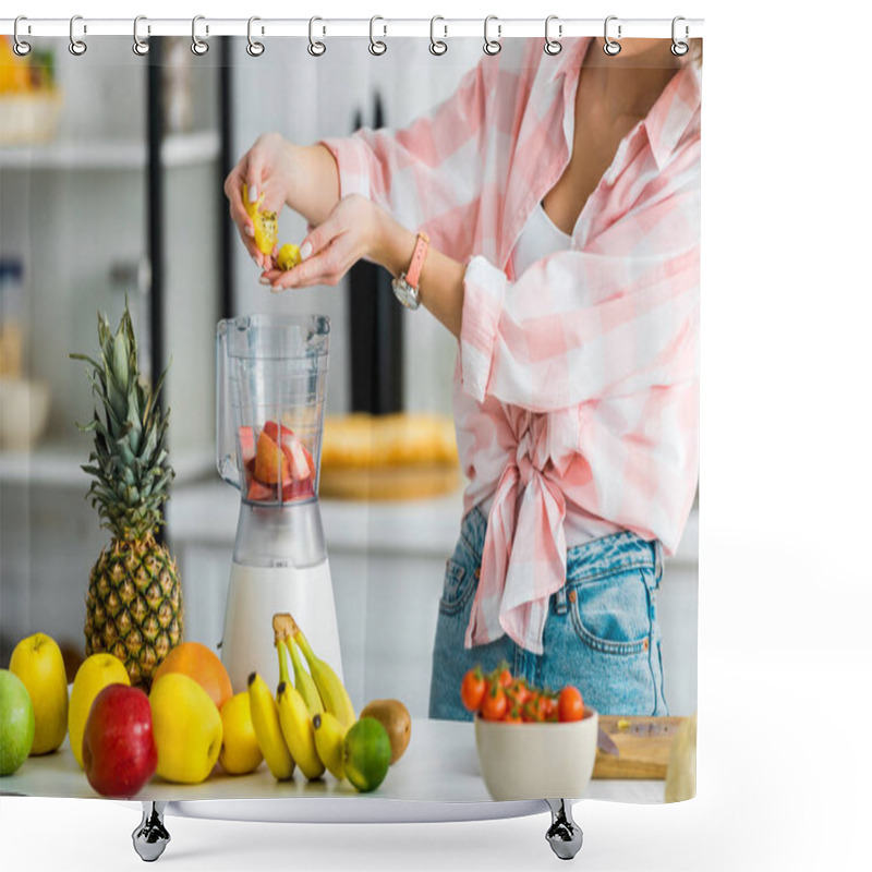 Personality  Cropped View Of Young Woman Adding Ingredients In Blender  Near Fruits Shower Curtains