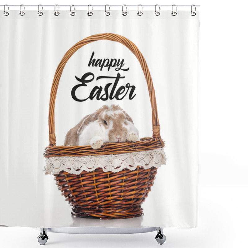 Personality  Cute Bunny In Wicker Basket Isolated On White With Happy Easter Lettering Shower Curtains