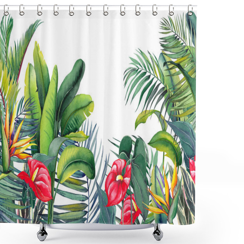 Personality  Tropical Wallpaper With Red Flamingo Flowers, Exotic Strelitzia, Palm Trees And Banana Leaves. Watercolor Illustration On White Background.  Shower Curtains