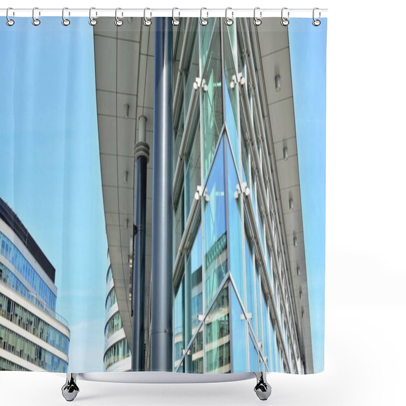 Personality  Blue Curtain Wall Made Of Toned Glass And Steel Constructions Under Blue Sky. A Fragment Of A Building. Shower Curtains