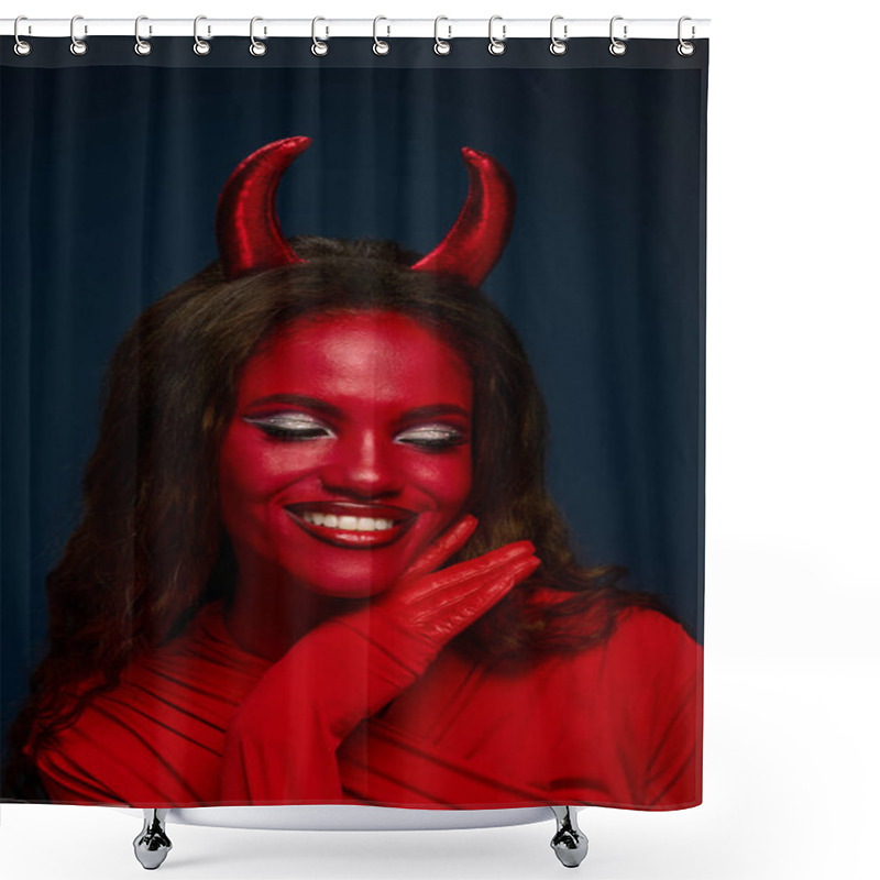 Personality  A Joyful Woman In A Stunning Devil Costume Radiates Halloween Vibes. Shower Curtains