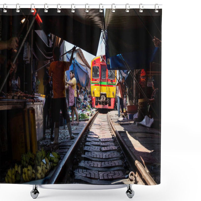 Personality  BANGKOK, THAILAND - March 2019: Train Running Through Maeklong Railway Market, Thailand Shower Curtains