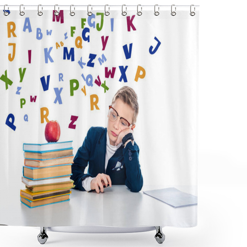 Personality  Sad Schoolboy In Glasses Sitting At Desk With Books And Apple Near Colorful Letters On White  Shower Curtains