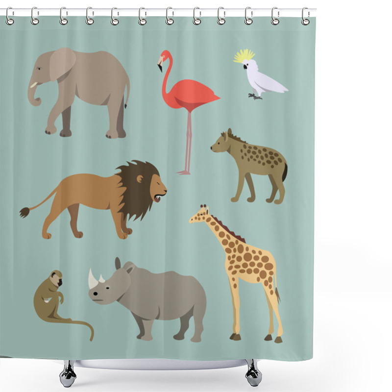 Personality  Set Of Different African Animals. Animals Of The African Savanah Lioness, Elephant, Rhinoceros, Giraffe, Flamingo, Monkey, Hyena Shower Curtains