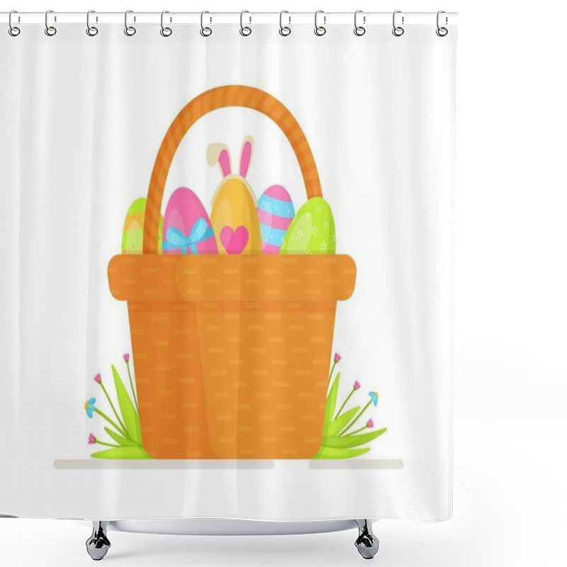 Personality  Small Basket With Easter Eggs. Vector Illustration Of Preparing A Basket For Holy Easter. Coloring Of Easter Eggs.   Shower Curtains