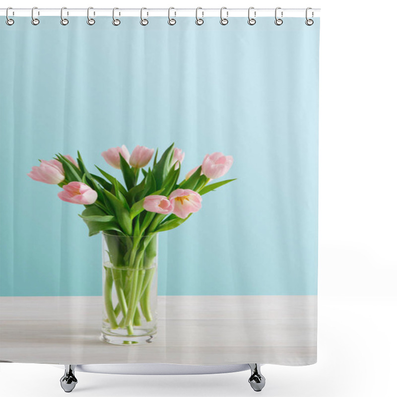 Personality  Pink Tulips Bouquet On Blue Background Shower Curtains