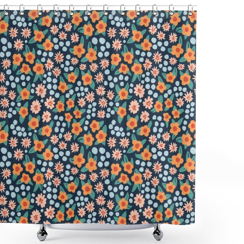 Personality  Hand Drawn Seamless Pattern With Orange Pink Blue Flower Floral Elements, Ditsy Summer Spring Botanical Nature Print, Bloom Blossom Stylized Petals. Retro Vintage Fabric Design, Cute Dots Nature Shower Curtains