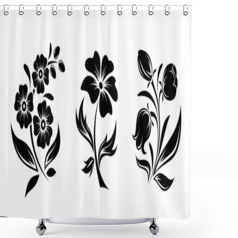 Personality  Vector Black Silhouettes Of Flowers Isolated On A White Background. Shower Curtains