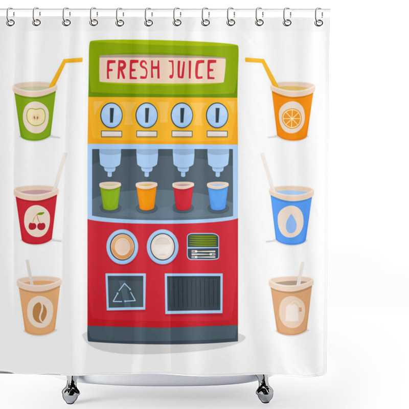 Personality  A Vending Machine For Selling Fresh Fruit Juices, Water, Tea And Coffee Take-away. A Set Of Cups With Drinks. Vector Illustration Shower Curtains