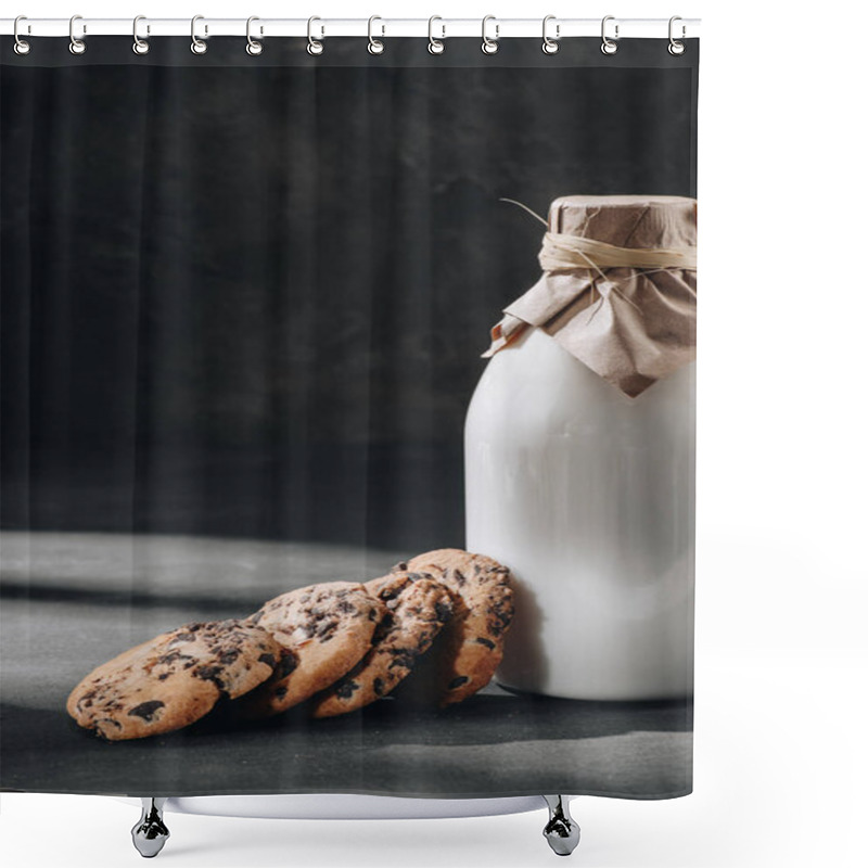 Personality  Delicious Chocolate-chip Cookies With Glass Bottle Of Milk On Black Surface Shower Curtains