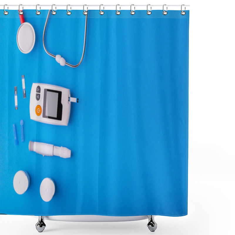 Personality  World Diabetes Day, Free Glucose Monitors On Blue Background With Red Stethoscope Put On Blue On  Top View Healthcare And Medical Concept Shower Curtains