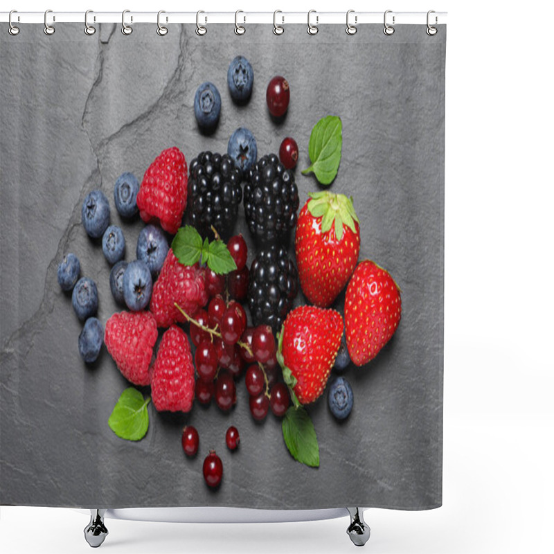 Personality  Many Different Fresh Ripe Berries And Green Leaves On Dark Grey Table, Flat Lay Shower Curtains