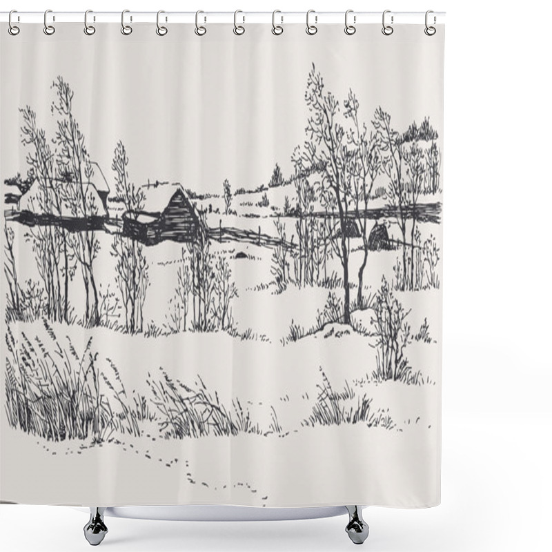 Personality  Vector Winter Landscape. A Cold Wind Over The Village Shower Curtains