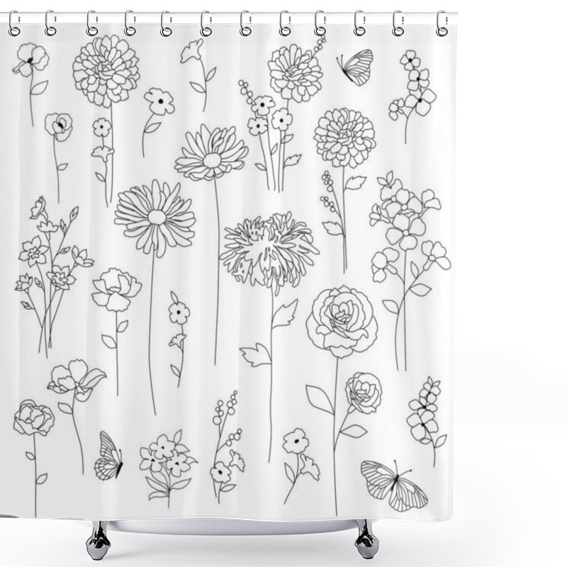 Personality  Hand Drawn Botanical Flowers Black Outline Drawings Shower Curtains