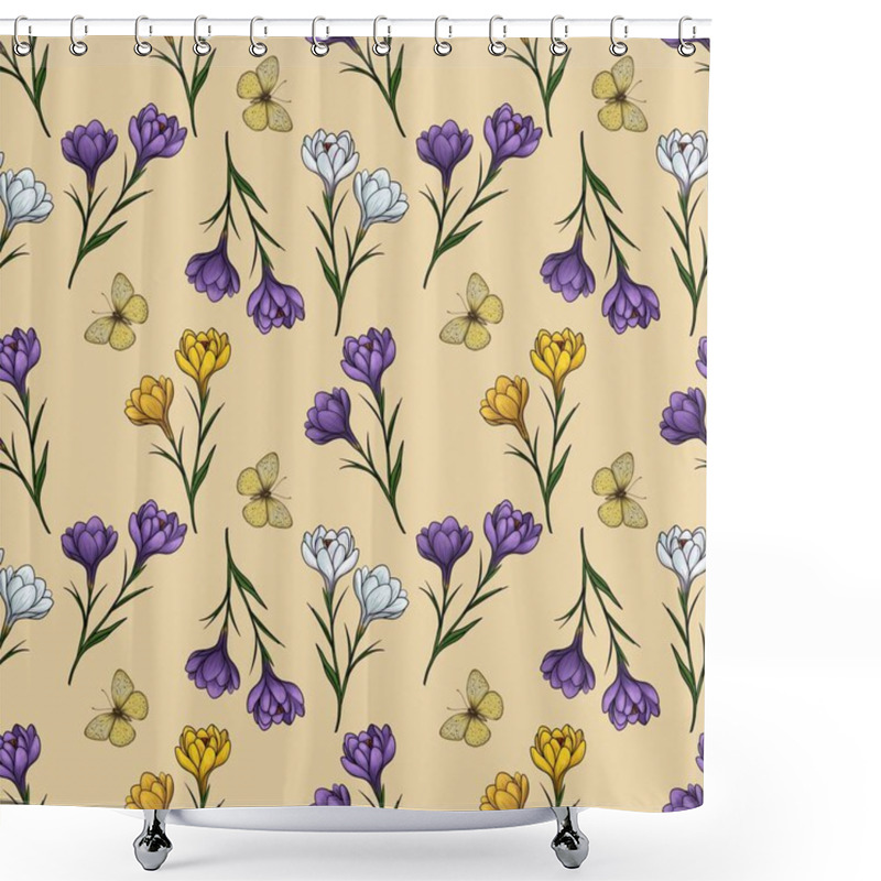 Personality  Spring Crocuses In Purple, White, And Yellow With Soft Yellow Butterflies In Small Design On Pastel Yellow Background Shower Curtains