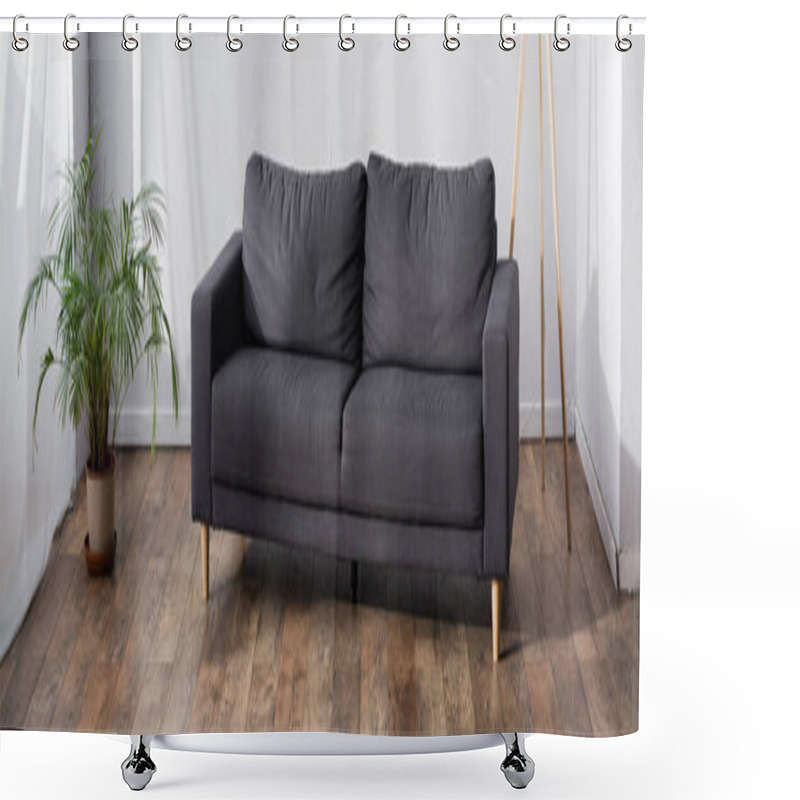 Personality  Grey Sofa In Living Room Near Potted Plant, Banner Shower Curtains