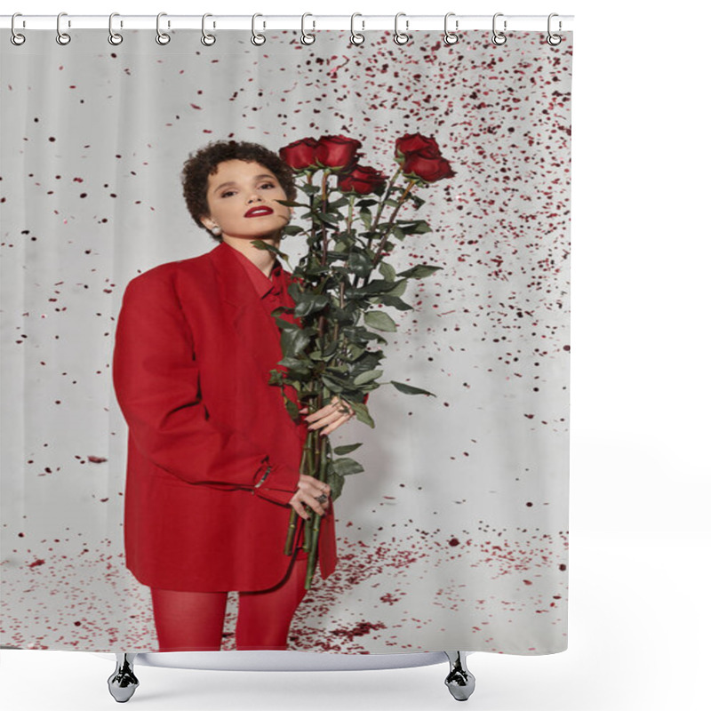 Personality  A Young Woman Exudes Confidence With Red Roses In Hand, Set Against A Playful Backdrop Of Petals. Shower Curtains