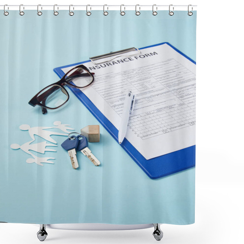 Personality  Close-up View Of Insurance Form, Pen, Paper Cut Family And Keys Isolated On Blue    Shower Curtains