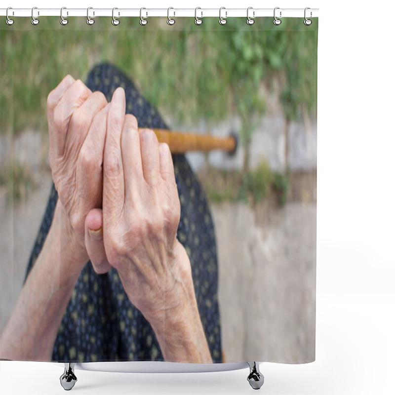 Personality  Old Woman Hands Holding A Walking Cane Shower Curtains