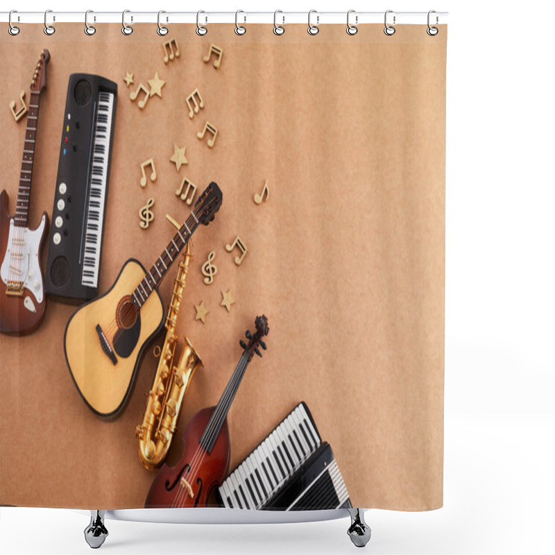 Personality  Happy World Music Day. Musical Instruments On Brown Background Shower Curtains