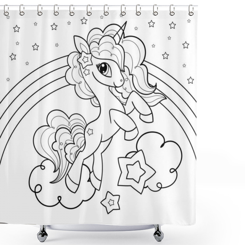 Personality  Cute Cartoon Unicorn On A Cloud With A Rainbow And Stars. Black And White Contour Drawing. Fantasy Animal. For Children's Design Of Coloring Books, Prints, Posters, Tattoos, Cards, Stickers And So On. Vector Shower Curtains