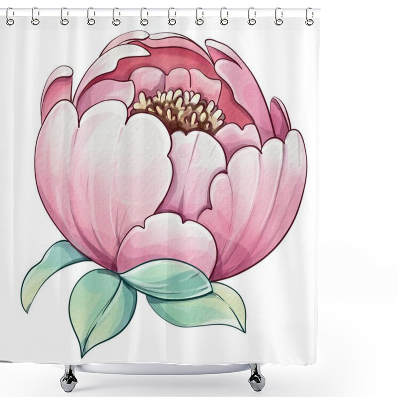 Personality  This Illustration Features A Pink Peony With Soft, Intricate Petals And Lush Green Leaves. The Artwork Highlights The Flowers Elegant Appearance And Natural Beauty. Shower Curtains