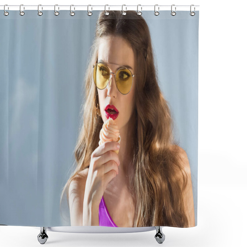 Personality  Sexy Attractive Girl In Ultra Violet Swimsuit And Sunglasses Eating Cupcake On Grey Shower Curtains