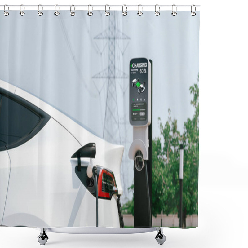 Personality  Electric Vehicle Or EV Car Recharge Battery At Charging Station Connected To Power Grid Tower Electrical Industrial Facility As Electrical Industry For Eco Friendly Vehicle Utilization. Expedient Shower Curtains