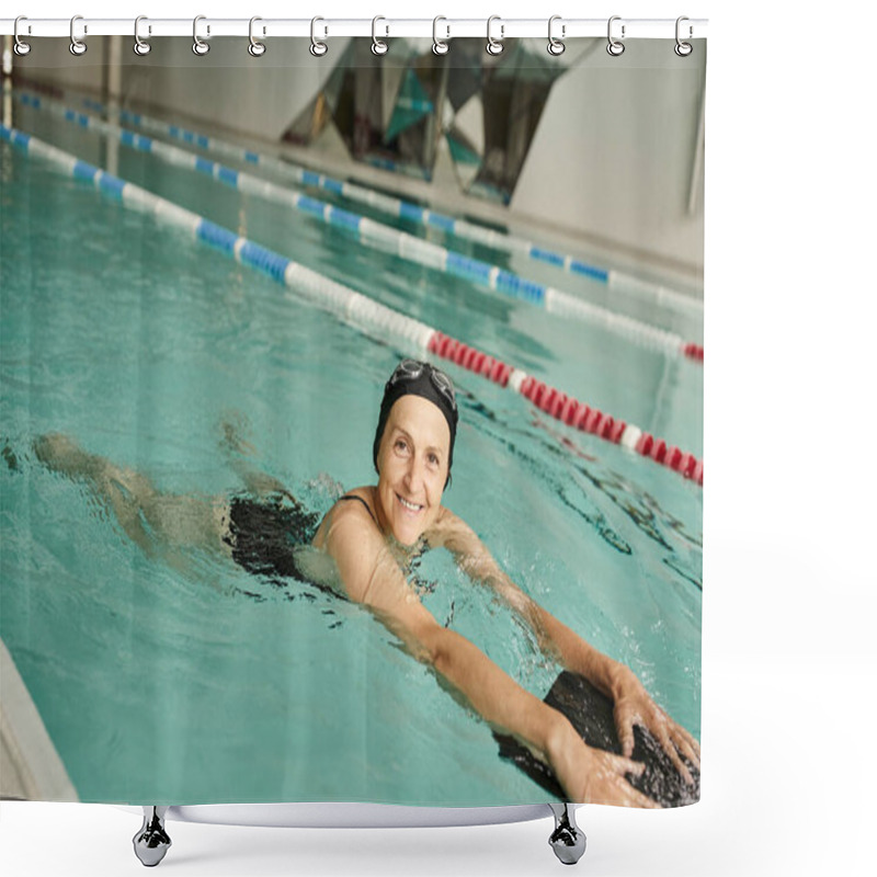 Personality  Happy Middle Aged Woman Swimming With Floating Board In Pool, Swim Cap And Goggles, Lifestyle Shower Curtains