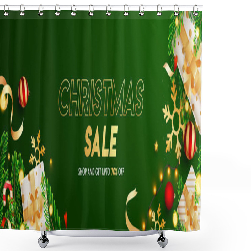 Personality  Green Header Or Banner Design Decorated With Gift Boxes, Baubles Shower Curtains