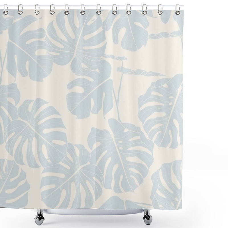 Personality  Seamless Floral Pattern With Tropical Monstera Plant. Tropical Leaves In Retro Style. Hand Drawn Pattern In Blue And Beige Colors. Line Art.  Shower Curtains