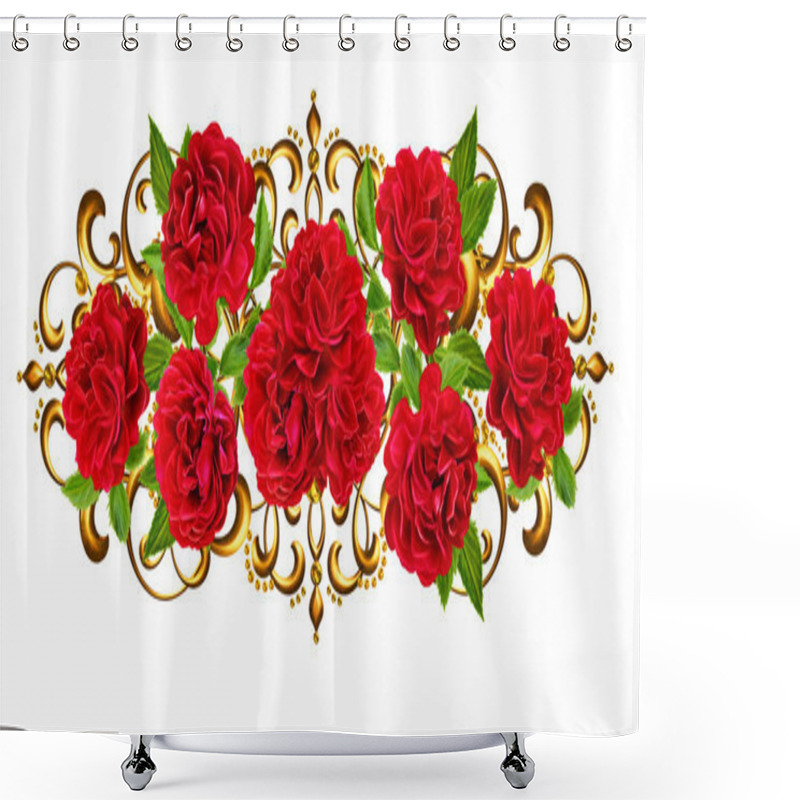 Personality  Composition Of Red Roses In A Gold Frame. Old Style. Isolated. White Background. Shower Curtains