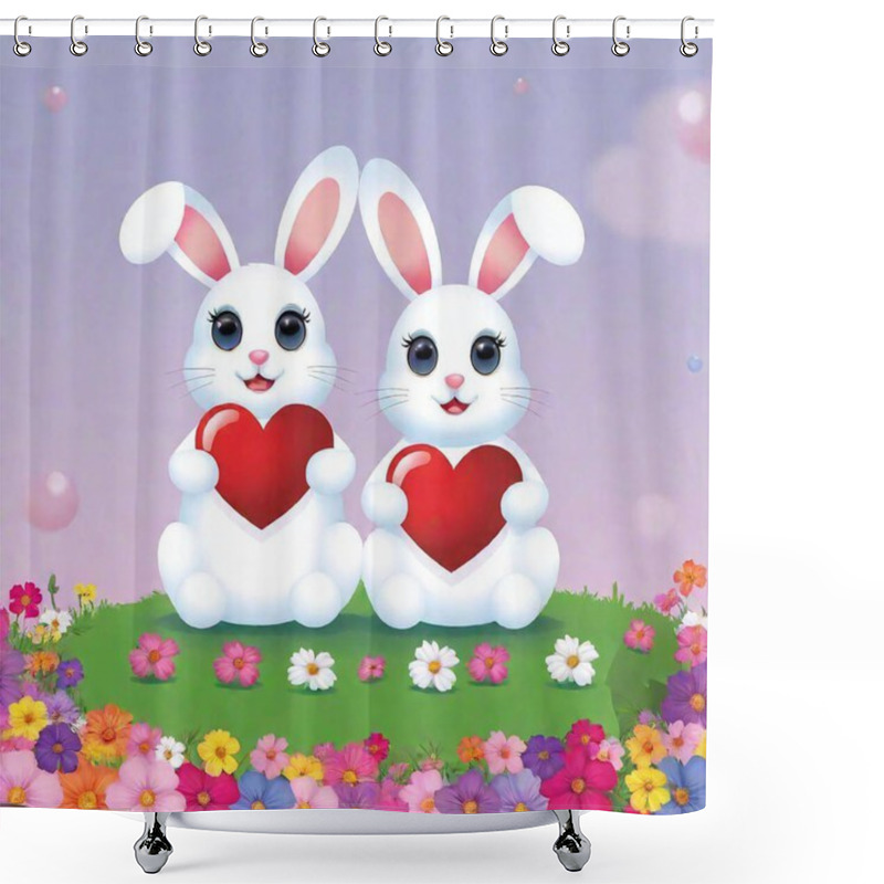 Personality  Illustration Of Rabbits With Red Hearts And Flowers Shower Curtains