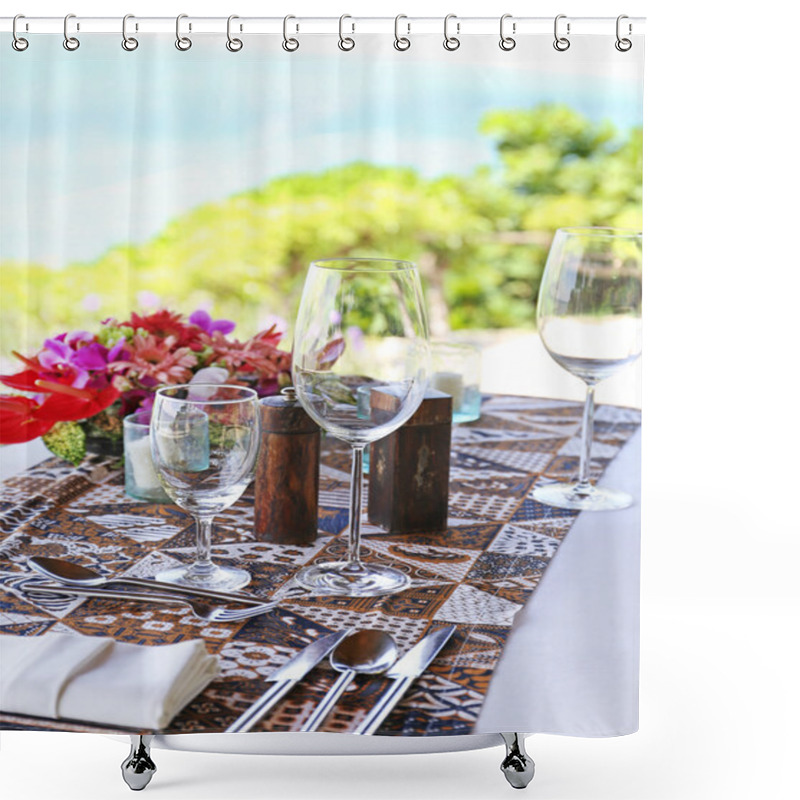 Personality  Table In The Restaurant On The Sea Background Shower Curtains