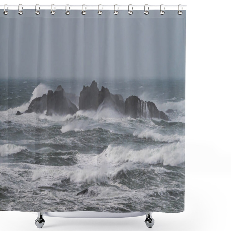 Personality  Waves Crash On Rocks In Ocean During Storm  Shower Curtains