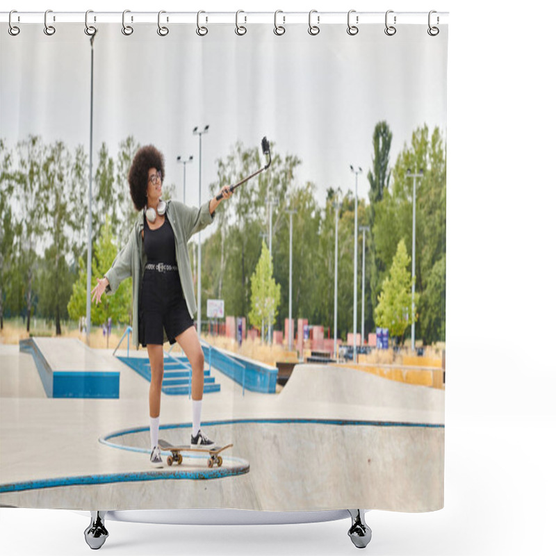 Personality  A Young African American Woman With Curly Hair Skillfully Riding A Skateboard At A Bustling Skate Park. Shower Curtains