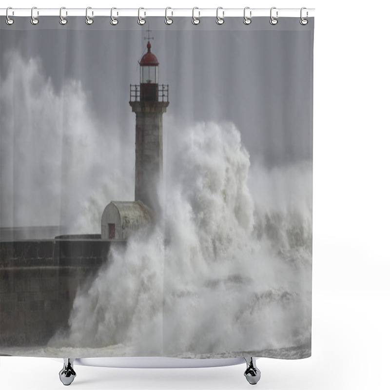 Personality  Stormy Sea At The Old Lighthouse Shower Curtains