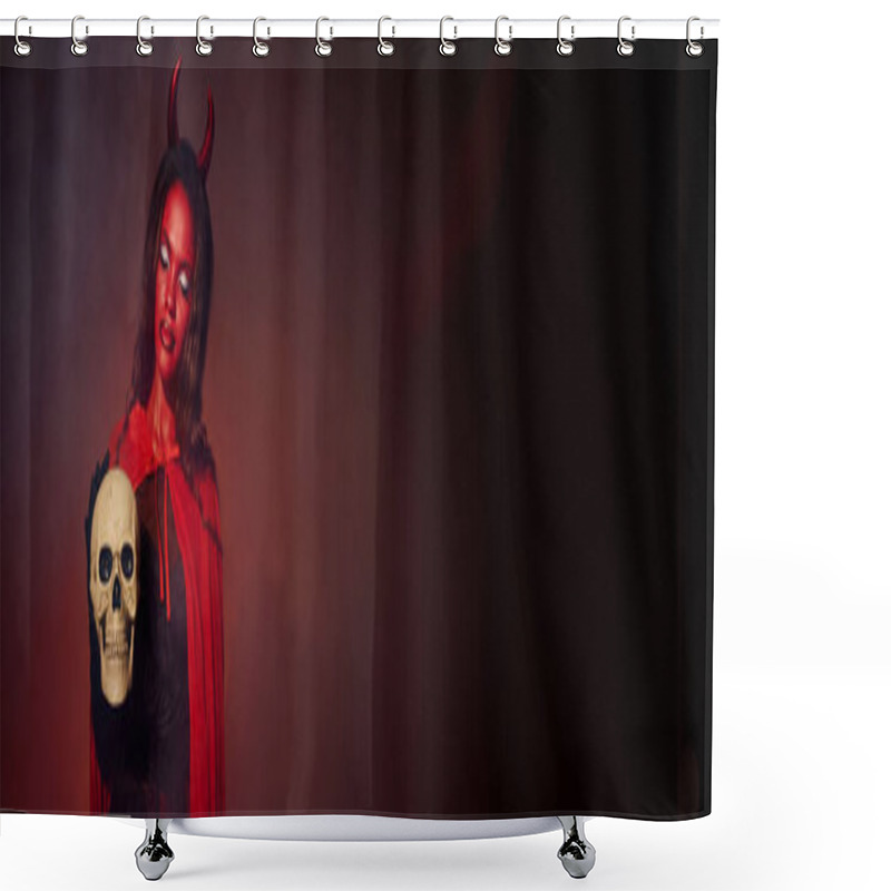 Personality  A Stunning Woman Dressed As A Devil Stands Confidently, Holding A Skull, Celebrating Halloween. Shower Curtains