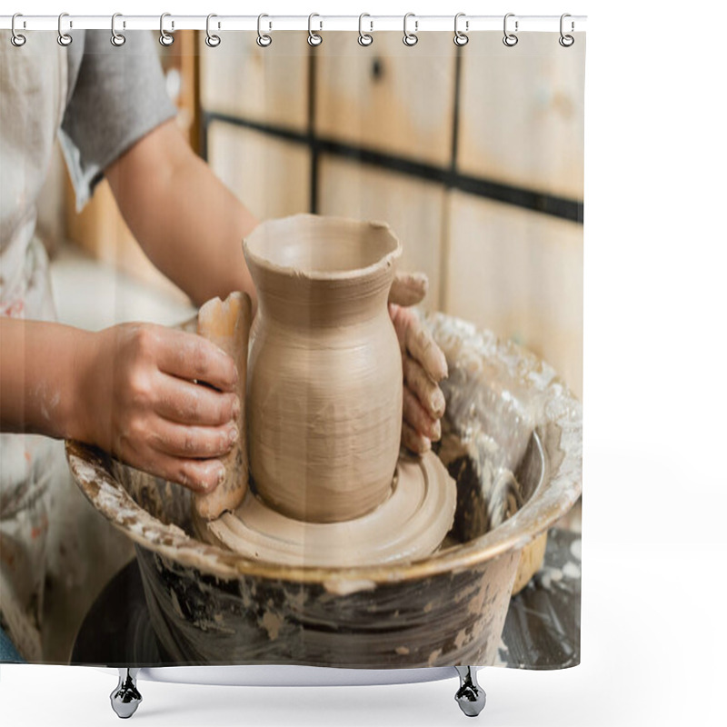 Personality  Cropped View Of Young Female Artisan In Apron Making Clay Vase With Wooden Scraper On Pottery Wheel In Blurred Ceramic Workshop, Clay Shaping And Forming Process Shower Curtains