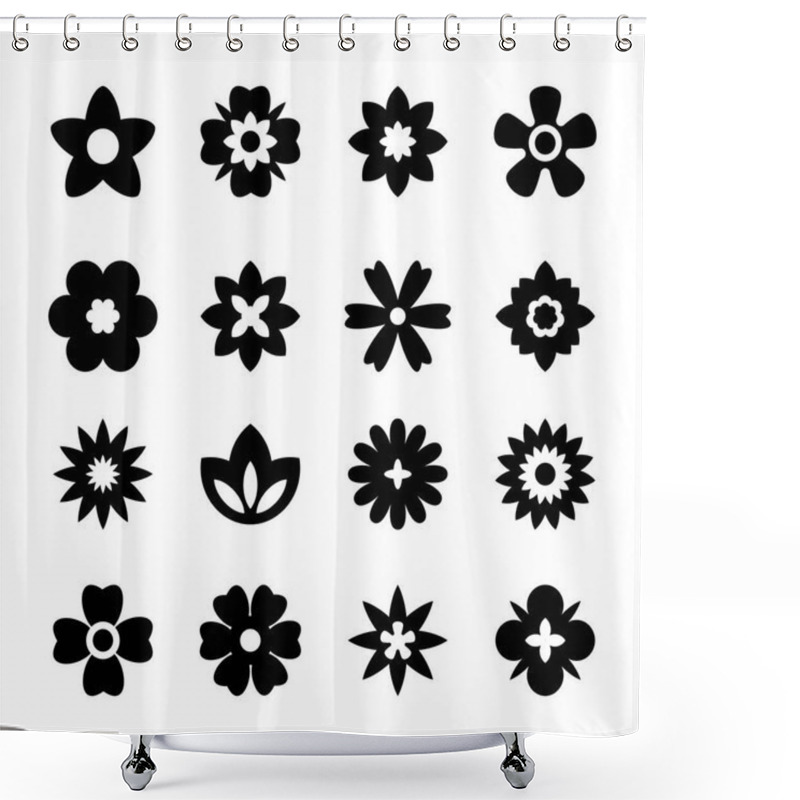 Personality  Flat Black Flower Icons Set. Simple Flower Silhouette. Retro Aesthetic Elements. Vector Illustration. Shower Curtains