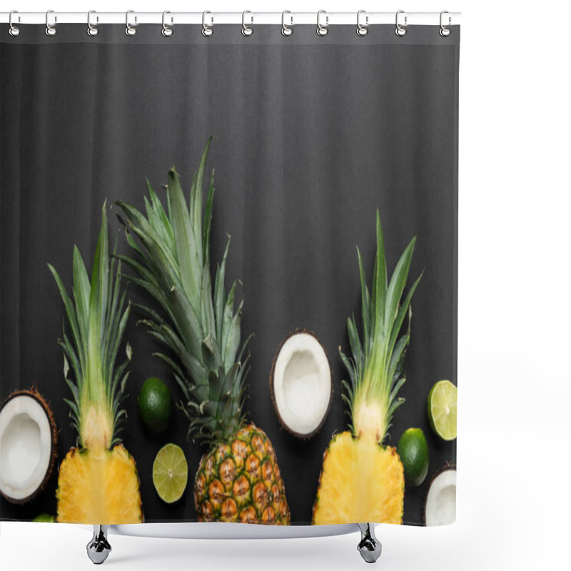 Personality  Top View Of Ripe Cut And Whole Coconuts, Limes And Pineapples On Black Background Shower Curtains