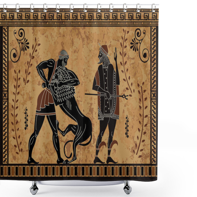 Personality  Ancient Myth Sceen,Black Figure Pottery,Hercules Heroic Deed,Ancient Warrior And Monster, Shower Curtains