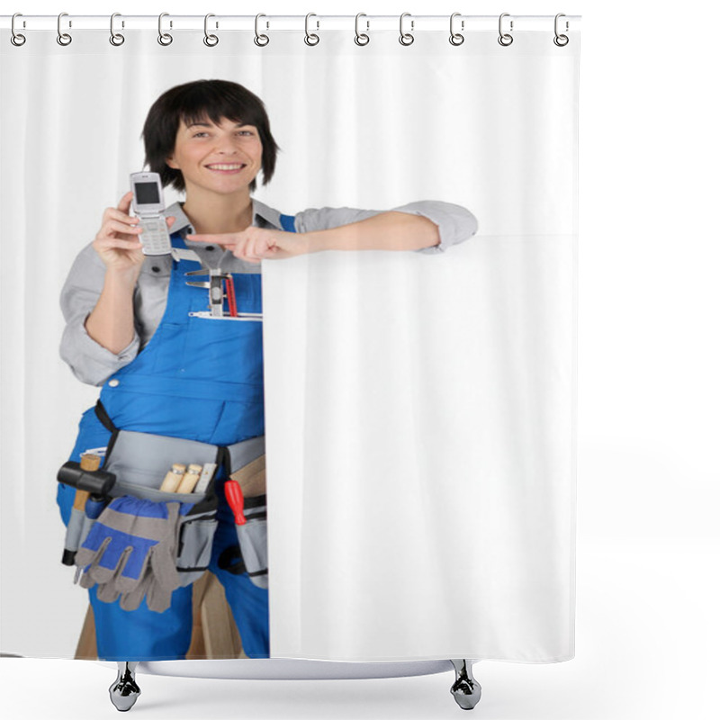 Personality  A Female Artisan Showing A Cell Phone Shower Curtains