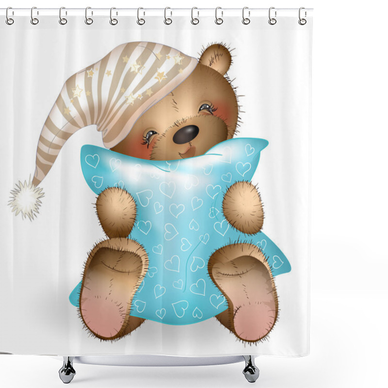 Personality  Happy Teddy Bear Hugging A Pillow 3 Shower Curtains