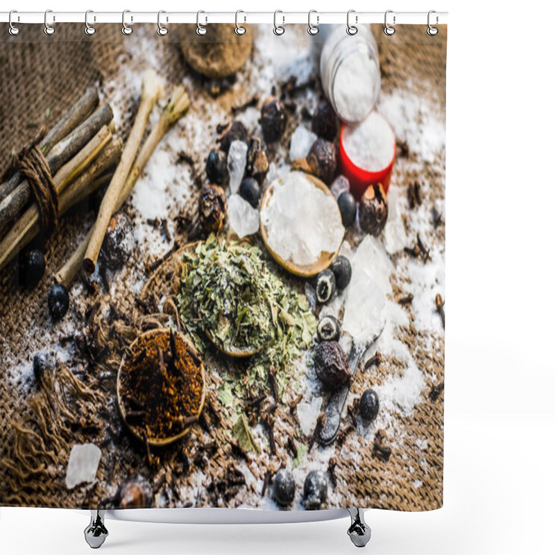 Personality  Close Up Of Mixture Of Ayurvedic Herbs For The Treatment Of Tooth Problems I.e Alum Powder,potassium Aluminum Sulfate Dodecahydrate,soap Nut,Sapindus , Powder Of Neem Bush & Salt, Sodium Chloride. Shower Curtains