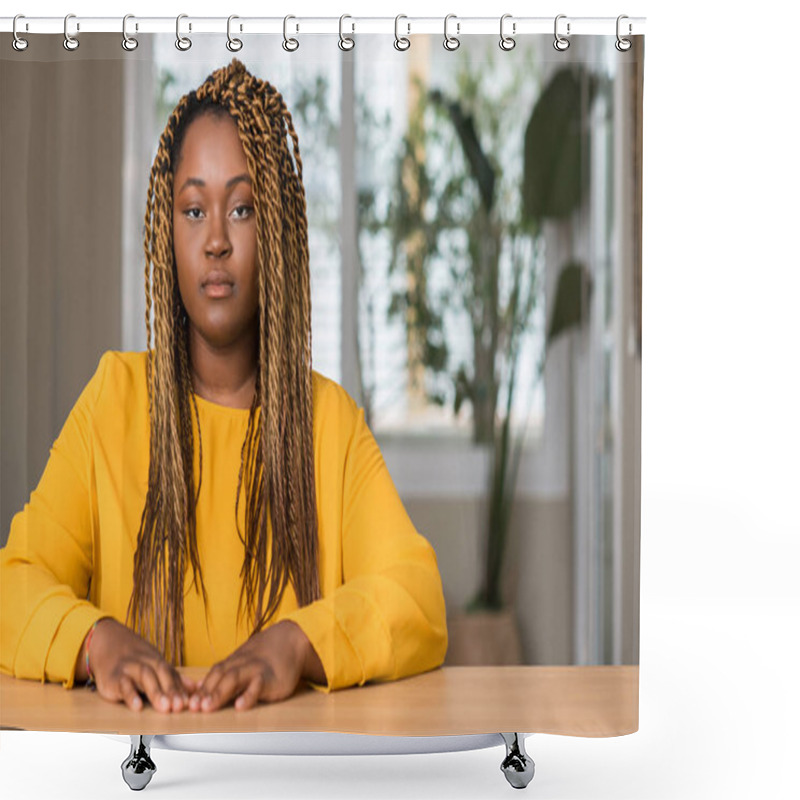 Personality  African American Woman At Home With A Confident Expression On Smart Face Thinking Serious Shower Curtains