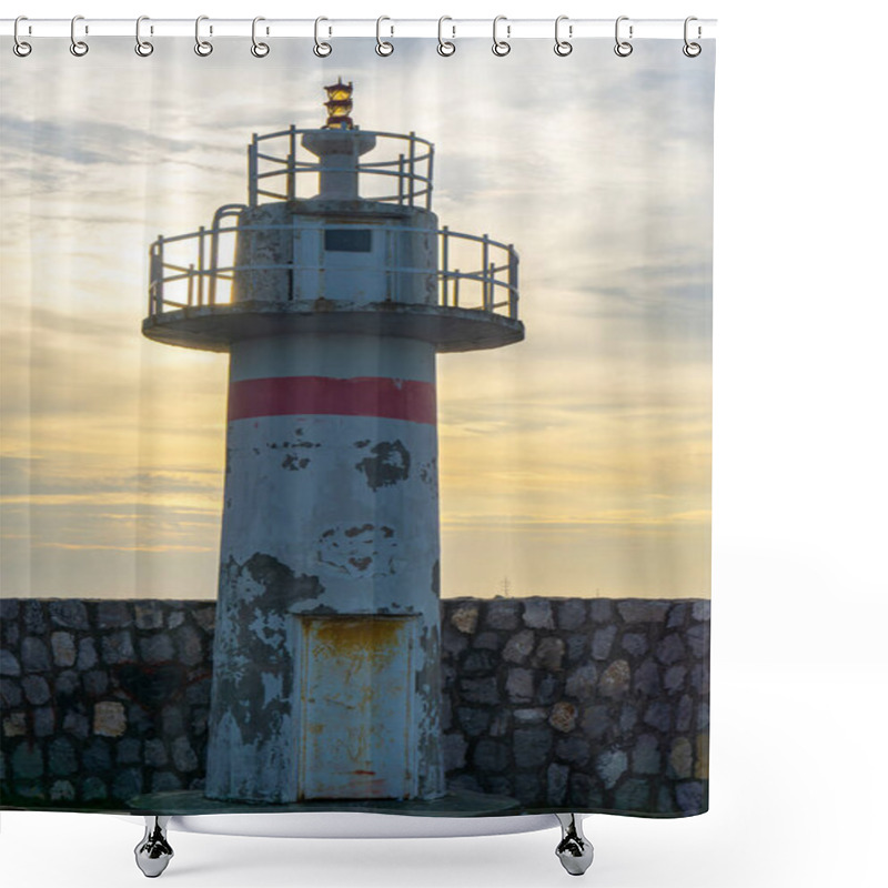 Personality  A Weathered Lighthouse With Twilight Sky Background In Sunset Time. The Lighthouse's Aged Exterior And Peeling Paint, Red Striped Shower Curtains